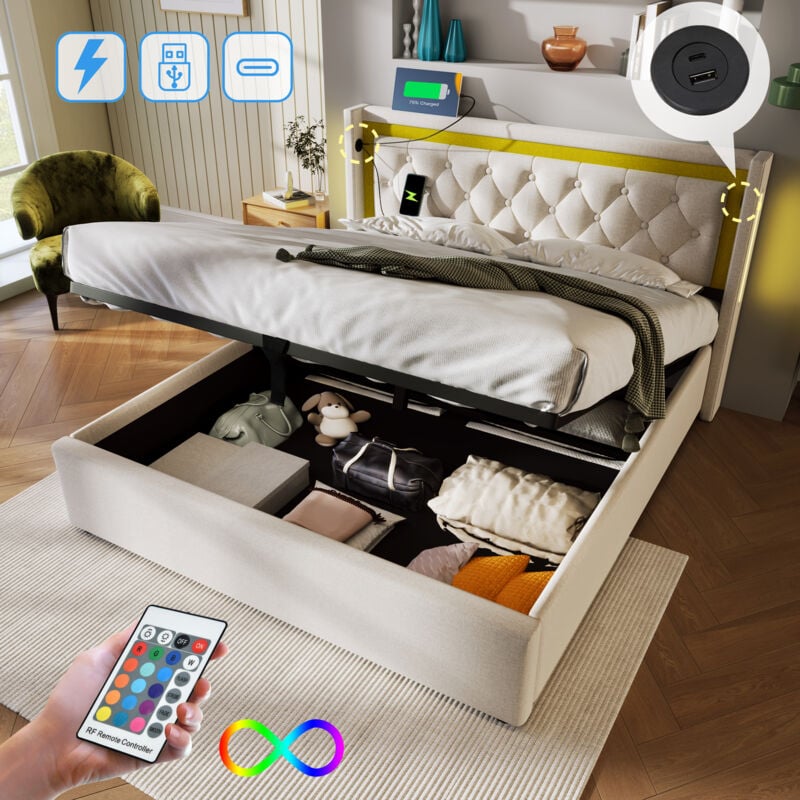 Lit coffre, lit capitonné adulte/ado, 2 usb Type c, led, lit double, coton, 160x200cm - sans matelas, beige