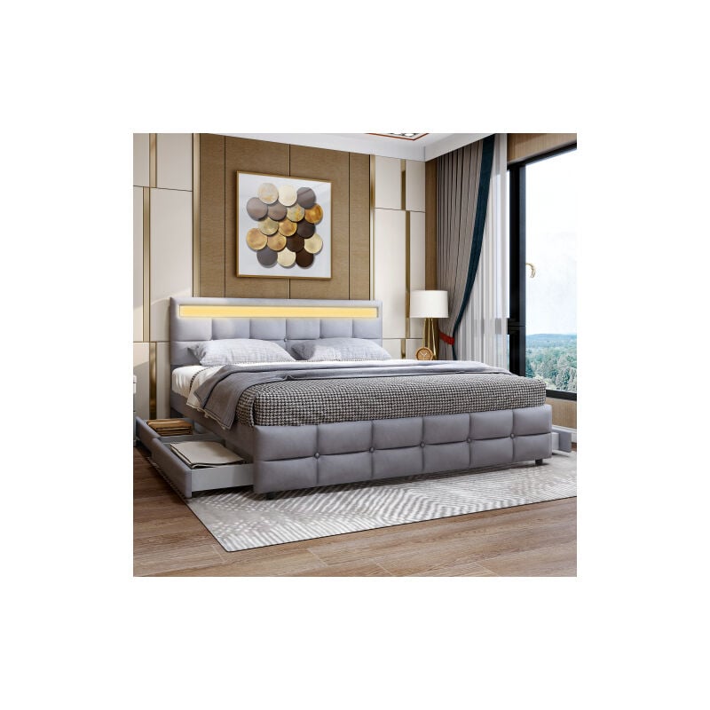 Lit 180x200 cm avec 4 tiroirs, lit double capitonné, lit adulte avec led, sommier à lattes et dossier, en velours, gris, sans matelas