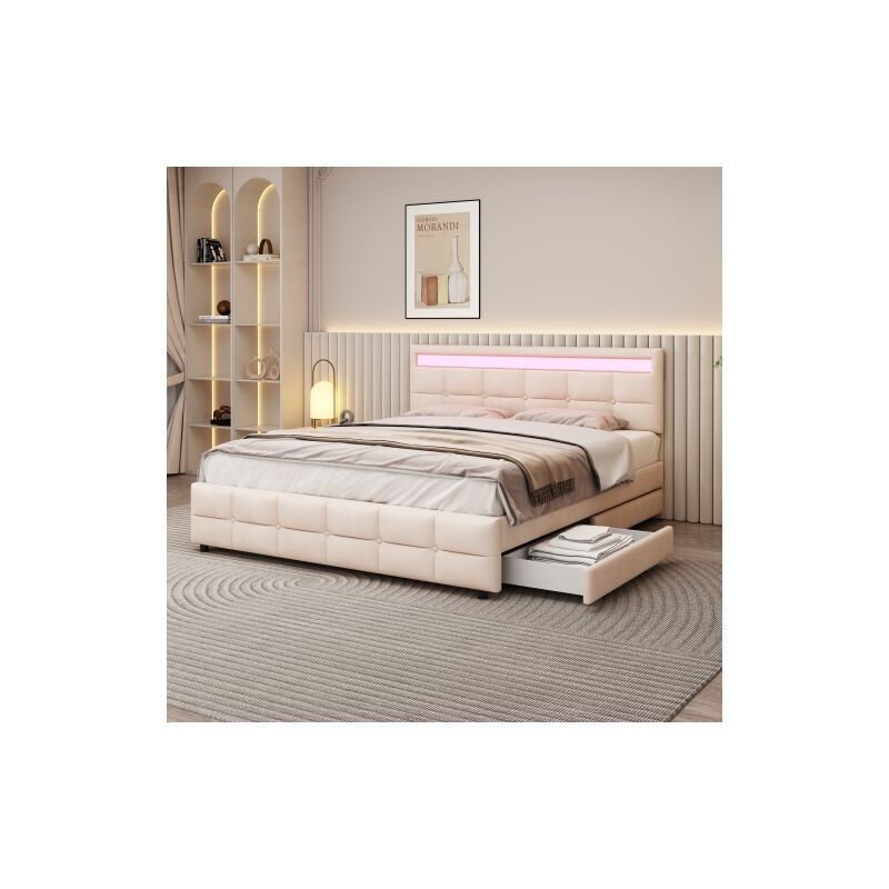 Wishdor - Lit 180x200 cm avec 4 tiroirs, lit double capitonné, lit adulte avec led, sommier à lattes et dossier, en velours, beige, sans matelas