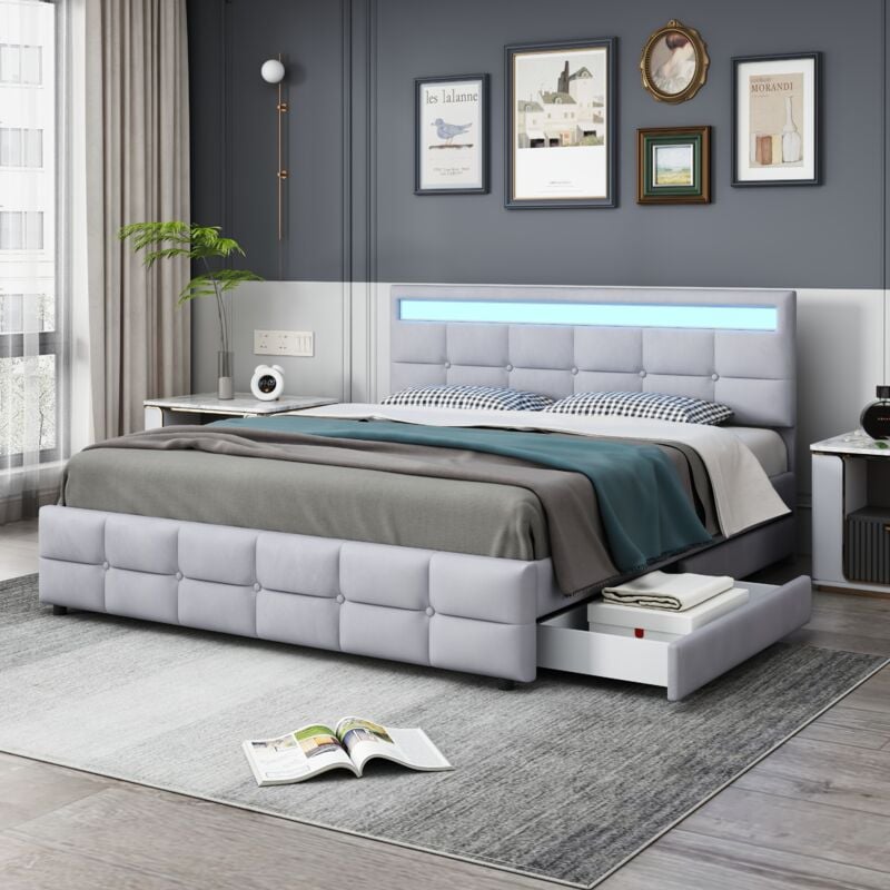 Lit adulte 180 x 200 cm, lit rembourré double avec 4 ttiroirs de rangement, tête de lit réglable en hauteur, velours, sans matelas, led, gris