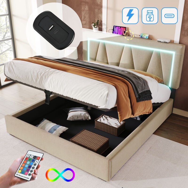Lit coffre 160x200cm, lit double avec chargement usb type c, led, lit adulte, lin, sans matelas, beige