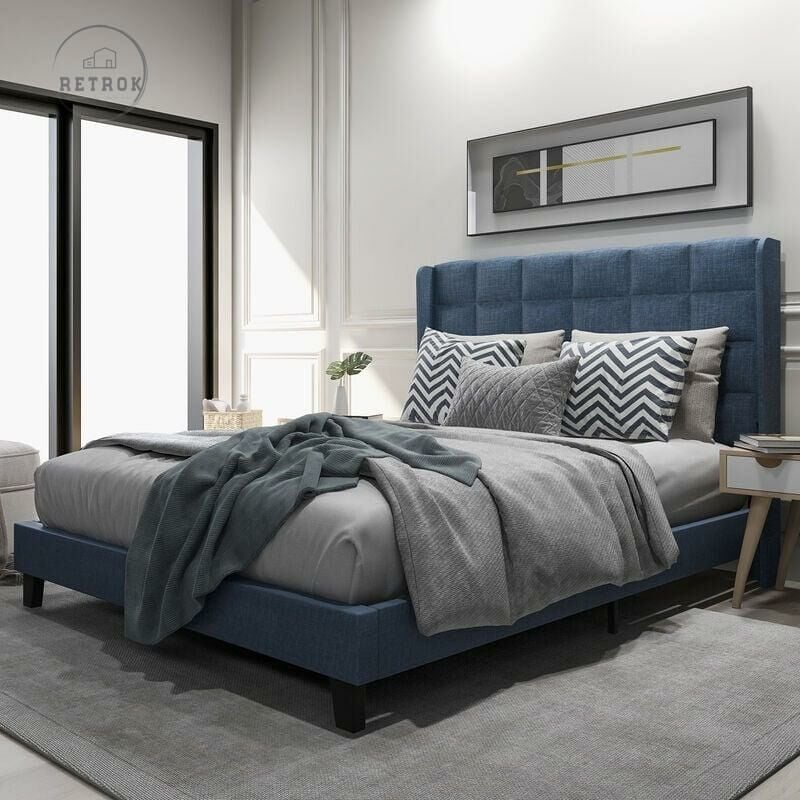 Retrok - Lit double adulte capitonné 140 x 200 cm - avec sommier à lattes et tête de lit, style scandinave - Bleu