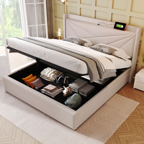 Lit rembourré double, lit jeune 180x200cm, lit coffre avec USB Type C, avec sommier à lattes, en tissu, beige(sans matelas)