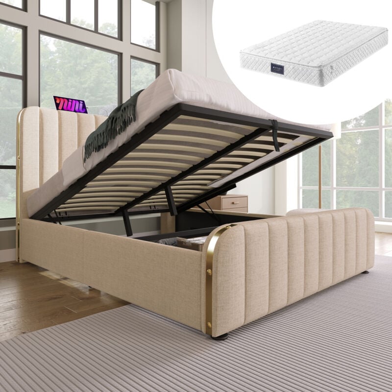 Okwish - Lit coffre 140x200 cm, lit double rembourré avec chargement usb et espace de rangement, pour ados et adulte, en lin beige, matelas inclus