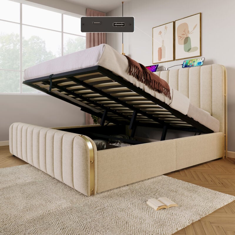 Lit rembourré, double, tête de lit rembourrée avec rayures décoratives dorées et fonction de chargement USB Type-C, 180 x 200 cm, tissu en lin beige,