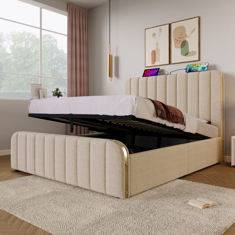 Redom - Lit rembourré coffre, lit double 160x200 cm, avec bandes décoratives dorées et usb Type-C , en tissu, beige (sans matelas)