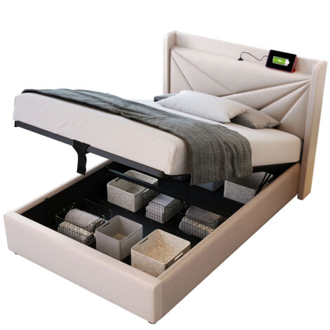Lit rembourré en beige avec fonction de recharge USB type C Tête de lit et sommier à lattes (avec matelas) - 90x200 cm
