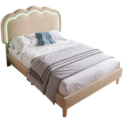 Lit rembourré en lin beige 90x200 cm avec LED, sommier à lattes inclus et tête de lit réglable