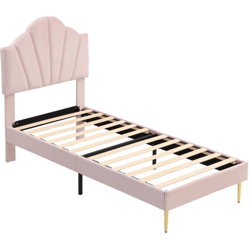 Lit rembourré en velours 90x200 cm, lit coquille, cadre de lit à lattes en bois, couleur-Rose