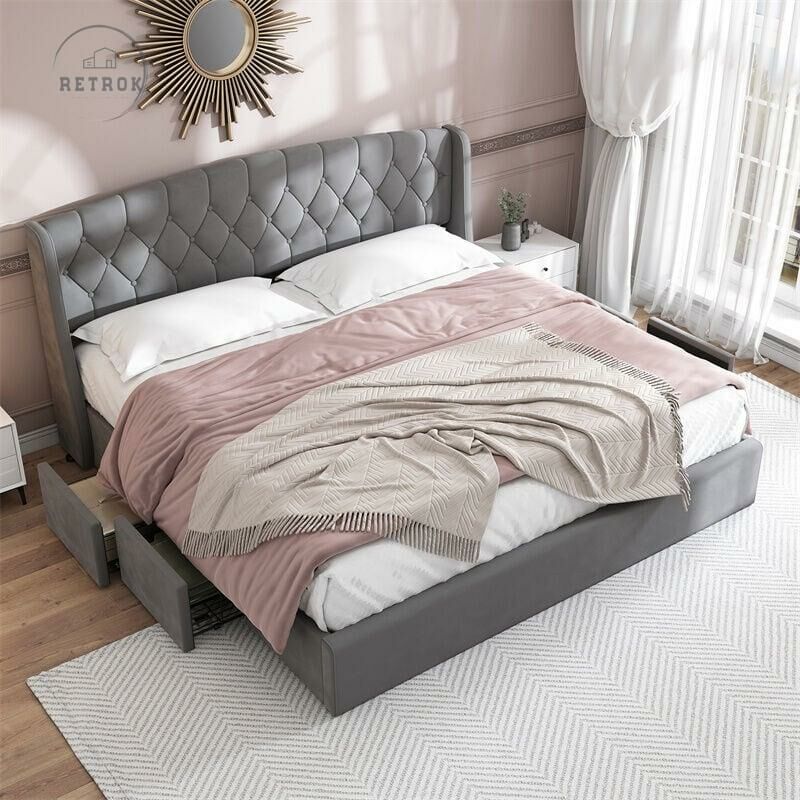 Retrok - Lit rembourré en velours, avec4 tiroirs en treillis métallique solide, lit double avec sommier à lattes et 4 tête de lit, gris 180x200 cm
