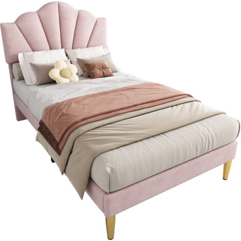 Lit rembourré en velours rose 90x200 cm, tête de lit coquillage réglable, pieds métal doré, sommier à lattes inclus