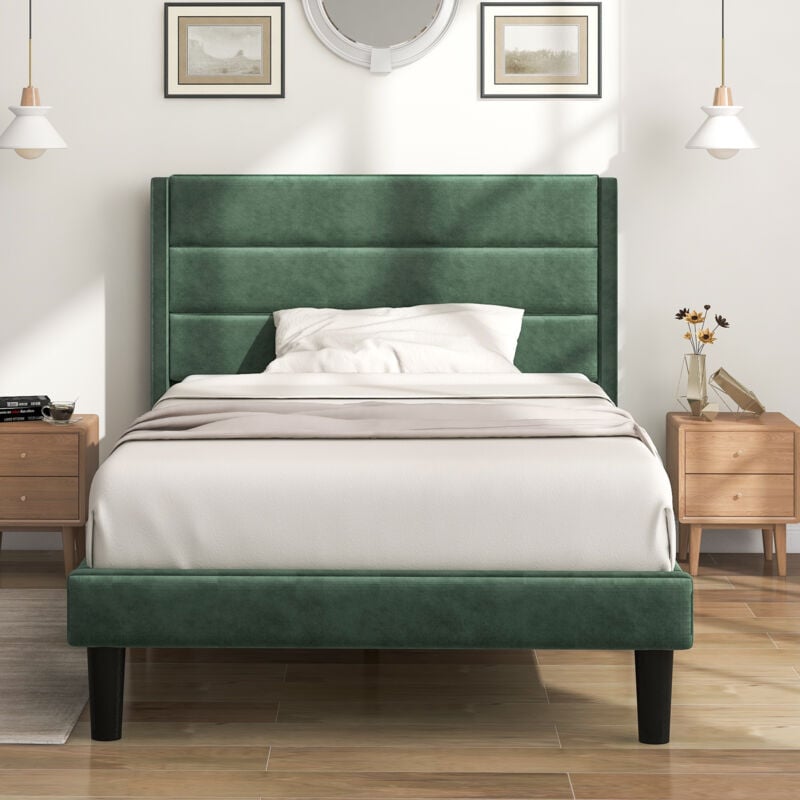 Hauss Spole - Lit rembourré en velours, Sans Matelas - 90 x 200 cm, lit simple, Vert foncé