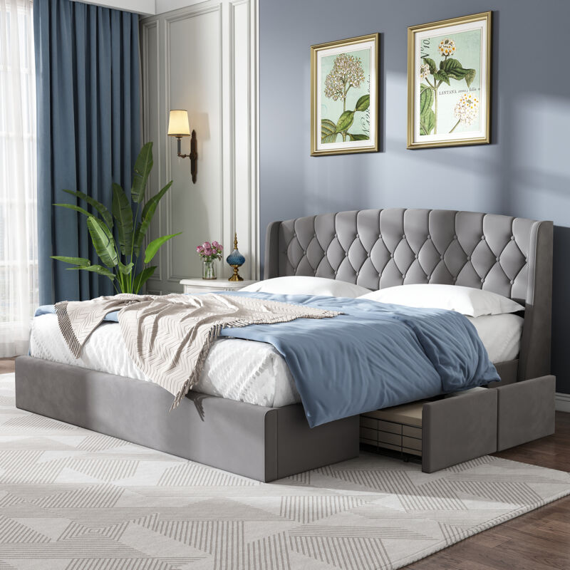 Redom - Lit double rembourré 140 x 200 cm, lit adulte avec 4 tiroirs robustes en treillis métallique et sommier à lattes, gris (sans matelas)