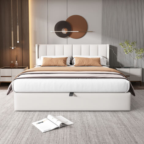 Lit rembourré LED 140 x 200 cm avec port de charge USB, rangement, tête de lit réglable, matelas à air comprimé, PU, ​​blanc (livraison locale, garantie 2 ans)