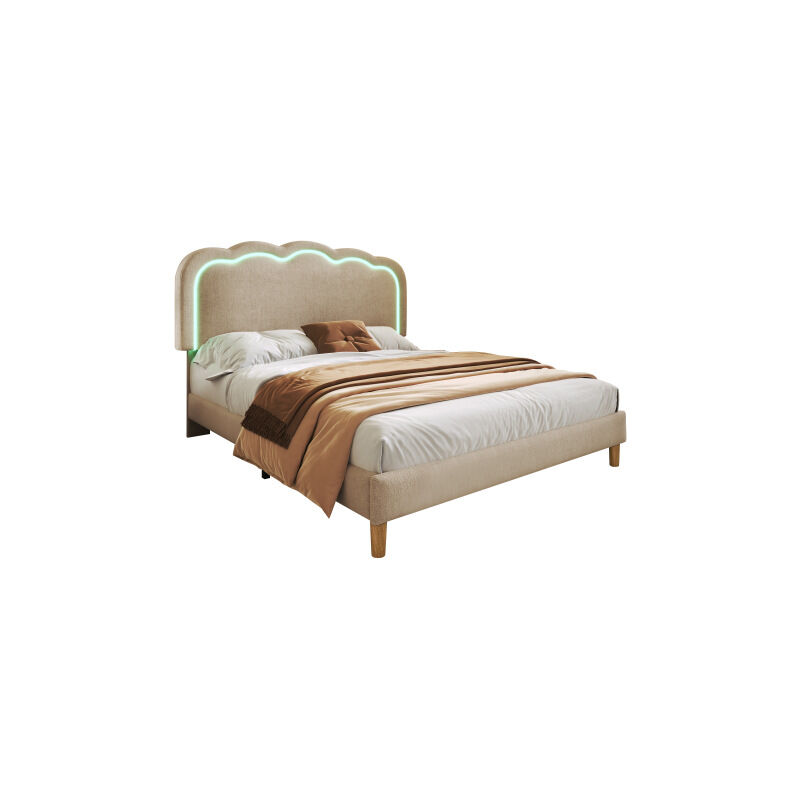 Lit rembourré LED Lit double 140 x 200cm, Cadre de lit avec sommier à lattes et tête de lit réglable, lit rembourré en beige Cadre de lit Lit