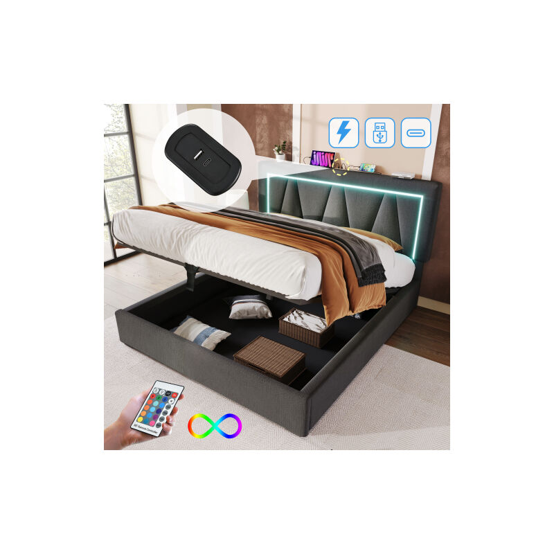Lit rembourré LED Lit double avec fonction de chargement USB Type C et éclairage LED,Lits de rangement Cadre de lit en lin Lit de jeune 160x200 avec