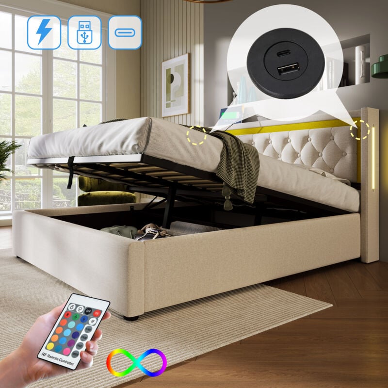 Redom - Lit 160x200cm, lit coffre avec led, usb Type c, sommier à lattes, en coton, sans matelas, beige