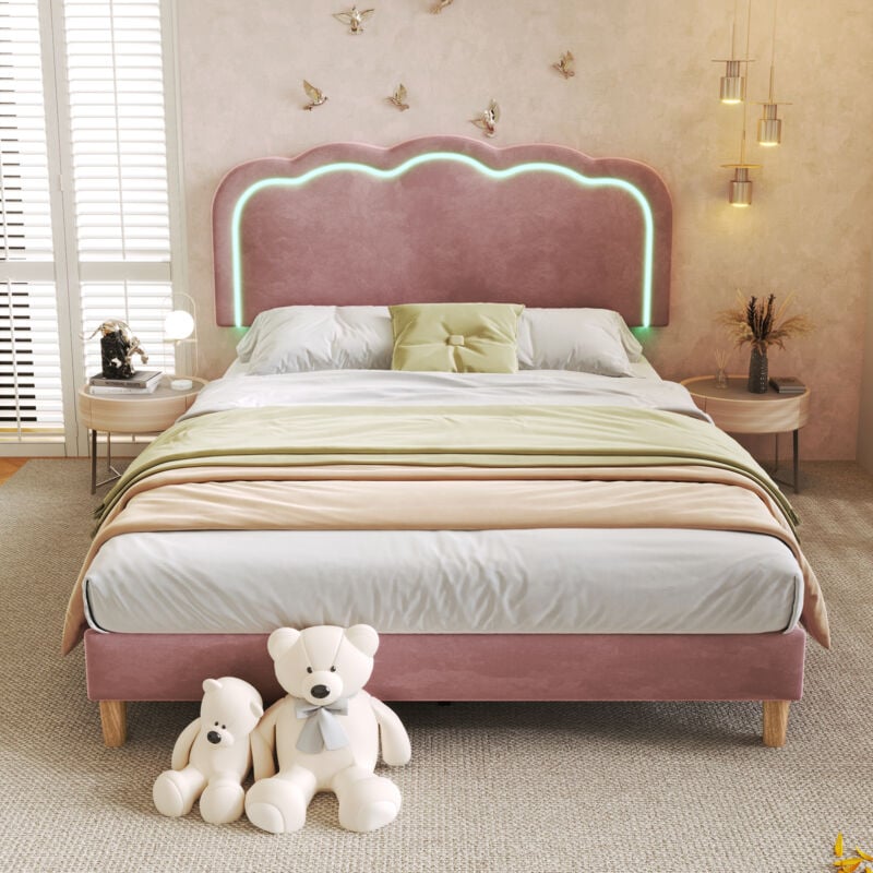 Okwish - Lit double d'enfant 140x200 cm lit rembourré avec tête de lit, éclairage led et sommier à lattes, en velour, rose