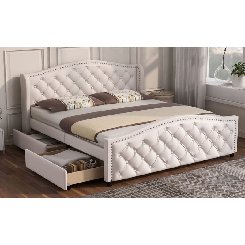 Lit adulte rembourré 140 x 200 cm - Lit jeune avec sommier à lattes, 2 tiroirs, simili cuir, blanc