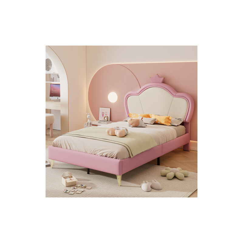 Lit rembourré, lit bébé avec bords protecteurs doux, tête de lit avec couronne, élégant profil de tête de lit rembourré,Rose + blanc