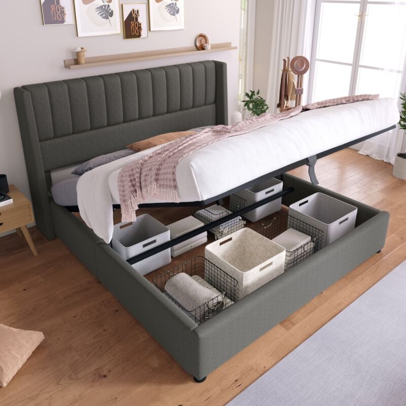 Okwish - Lit coffre 160x200 cm, lit double rembourré, lit adulte hydraulique avec sommier à lattes en bois massif, tissu en lin gris, sans matelas