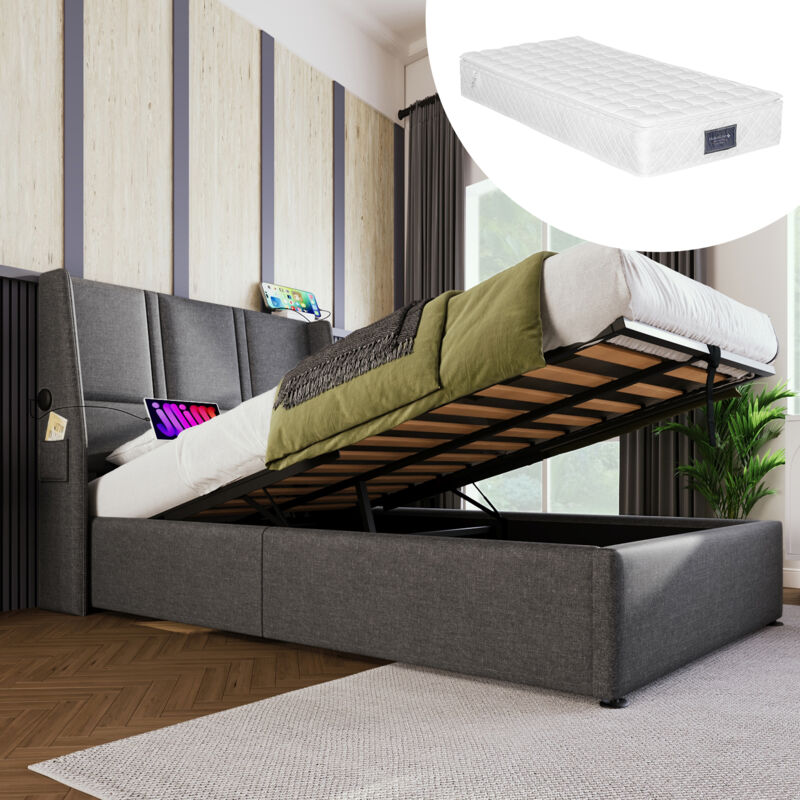 Lit rembourré lit coffre ports de charge USB/Type-C poche latérale lit simple hydraulique 90x200cm, sommier à lattes en bois, lit avec sommier à