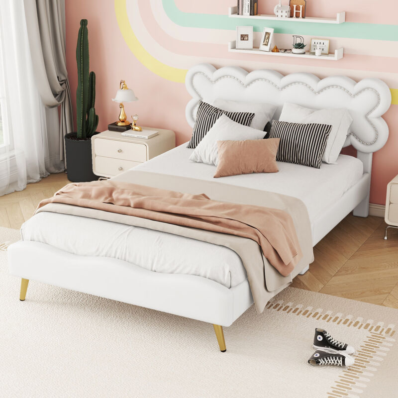 Okwish - Lit double d'enfant 140x200 cm cadre de lit avec sommier à lattes, en pu et mdf, couleur blanc, sans matelas