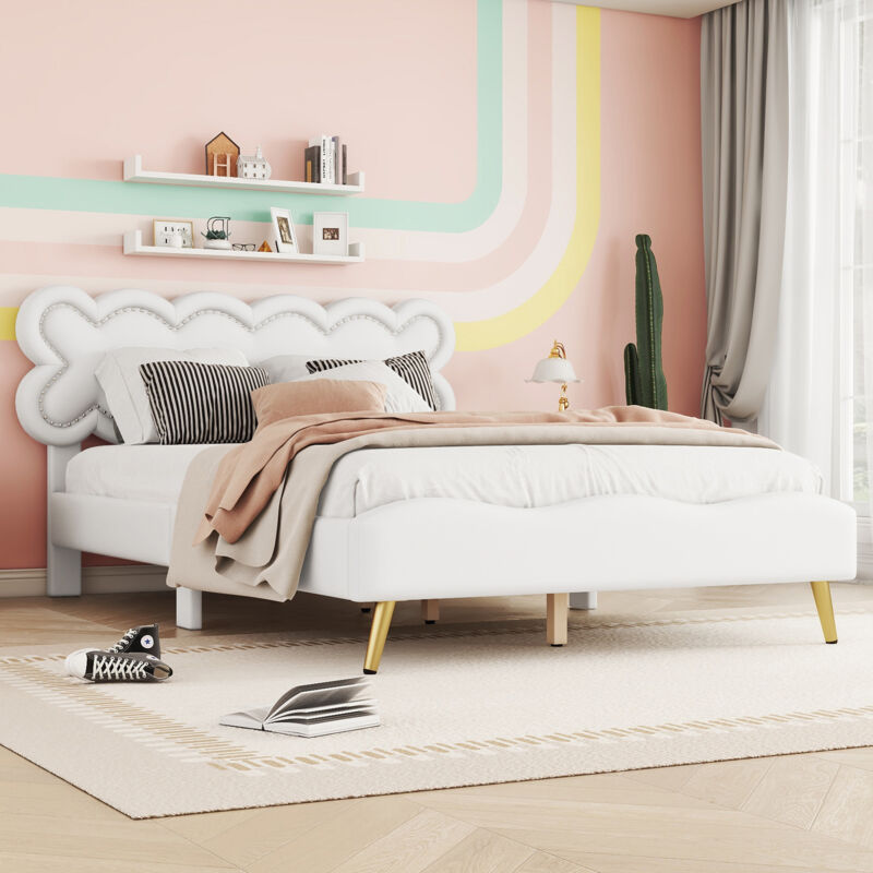 Lit rembourré, lit double 140 x 200 cm avec sommier à lattes (sans matelas), matériau pu, style minimaliste, blanc