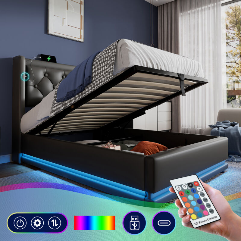 Lit coffre 90 x 200 cm, lit simple avec led, lit rembourrée avec usb Type-C, cuir, noir(sans matelas)