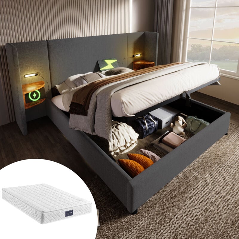 Okwish - Lit coffre 160 x 200 cm lit double avec table de chevet, lampe de lecture et chargement usb Type-C, en bois massif et métal, gris lin,