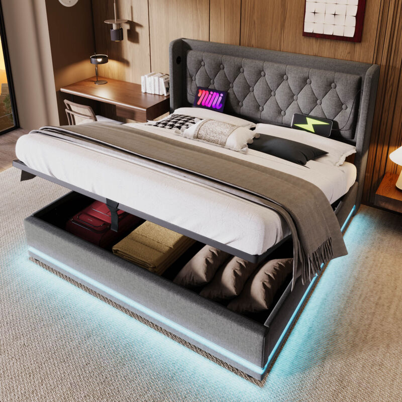 Okwish - Lit coffre160x200 cm lit double rembourré avec 2 tables de chevet et 4 tiroirs, tête de lit avec led et charge usb, en coton, gris