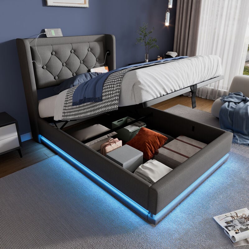 Lit coffre 90x200 cm, lit simple rembourré, lit adulte avec chargement usb, éclairage led et fonction de rangement, matériaux coton gris, sans matelas