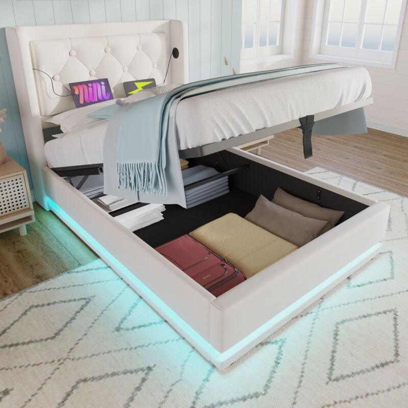 Okwish - Lit coffre 90x200 cm, lit simple rembourré, lit adulte avec chargement usb, éclairage led et fonction de rangement, matériaux pu blanc, sans