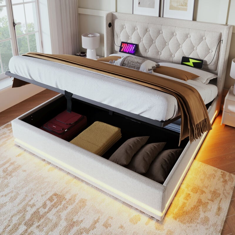 Okwish - Lit coffre 160x200 cm, lit double rembourré, lit adulte avec chargement usb, éclairage led et fonction de rangement, matériaux coton blanc,