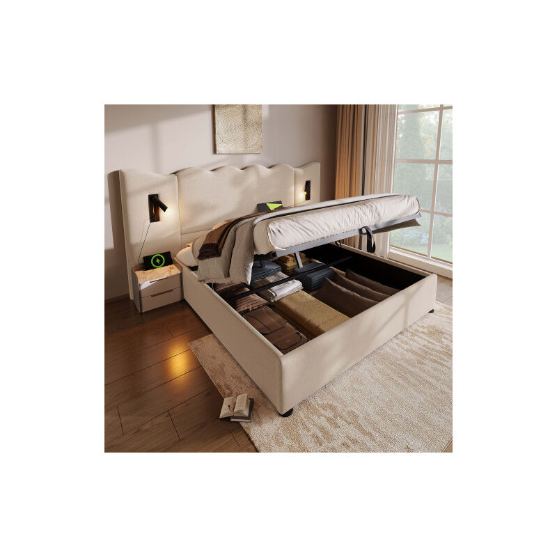 Lit rembourré Lit double 180×200 avec lampe de lecture et fonction de chargement USB Type-C, Lit de rangement Cadre de lit avec sommier à lattes en