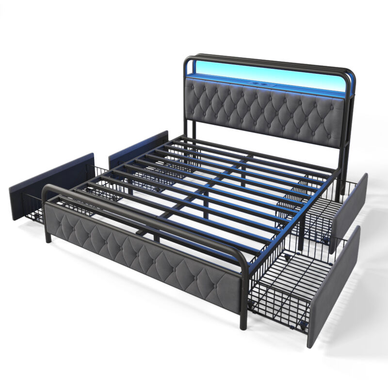 Lafomukea - Lit rembourré lit double avec chargement fonction de chargement usb Type c contrôle app cadre de lit led lit en métal 160×200 cadre de