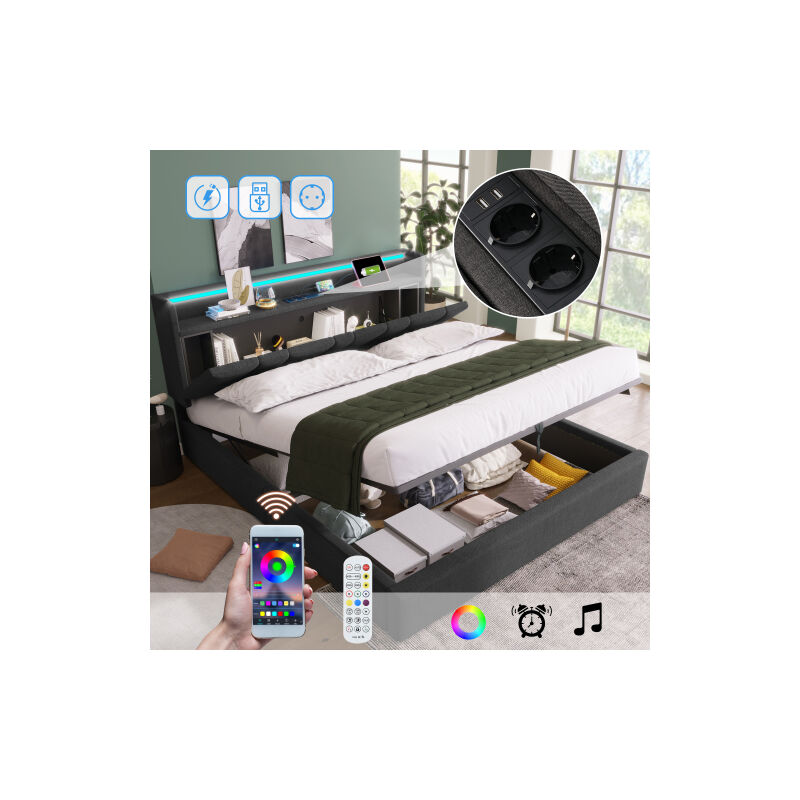 Lit rembourré Lit double avec fonction de recharge USB Tête de lit de rangement et éclairage LED,Lit double 160x200cm Lit de rangement Cadre de lit,
