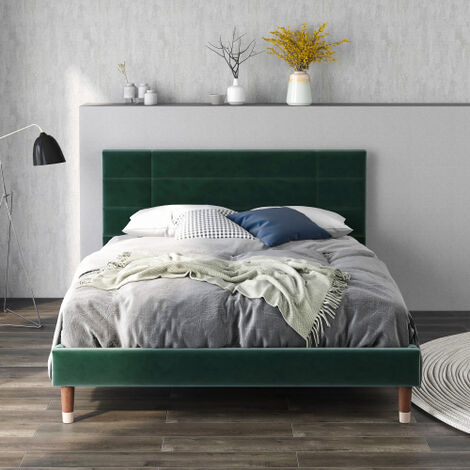 Lit rembourré, lit double avec sommier à lattes, cadre de lit rembourré 140x200cm avec tête de lit, en velours vert foncé, pour adultes et adolescents, (matelas non inclus)