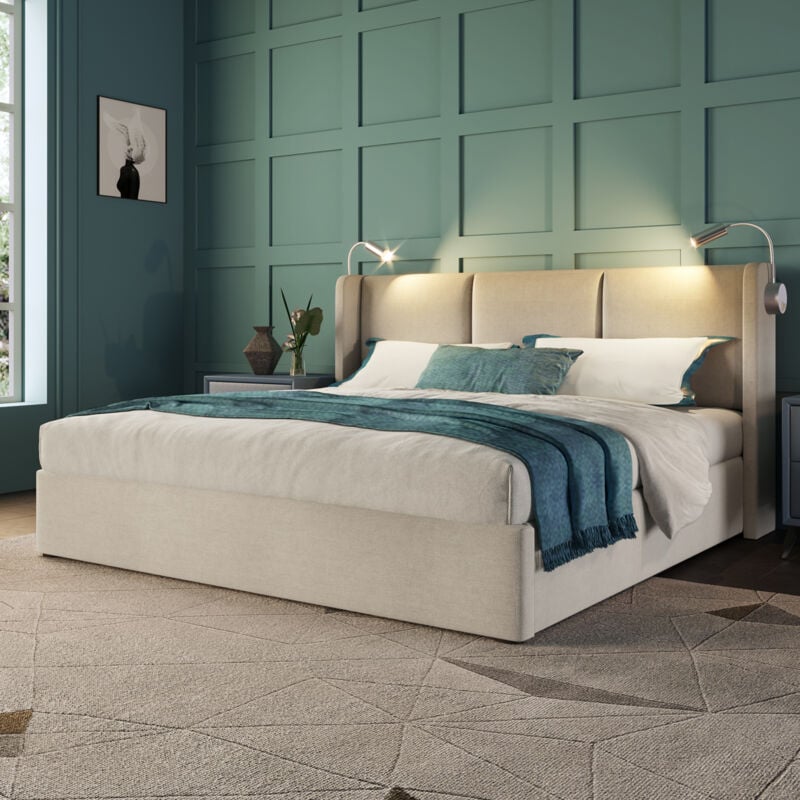 Redom - Lit rembourré double 160x200, lit coffre avec usb, lampe de lecture , sommier à lattes, beige (sans matelas)