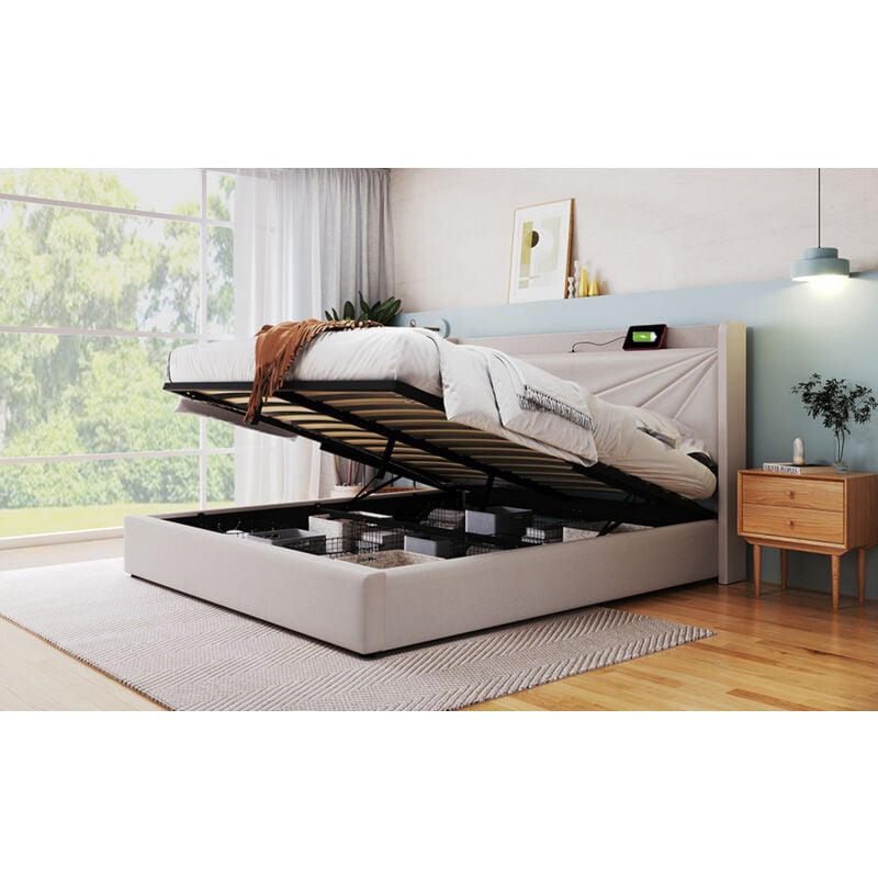 Redom - Lit rembourré double, lit jeune 160x200cm, lit coffre avec usb Type c, avec sommier à lattes, en tissu, beige(sans matelas)