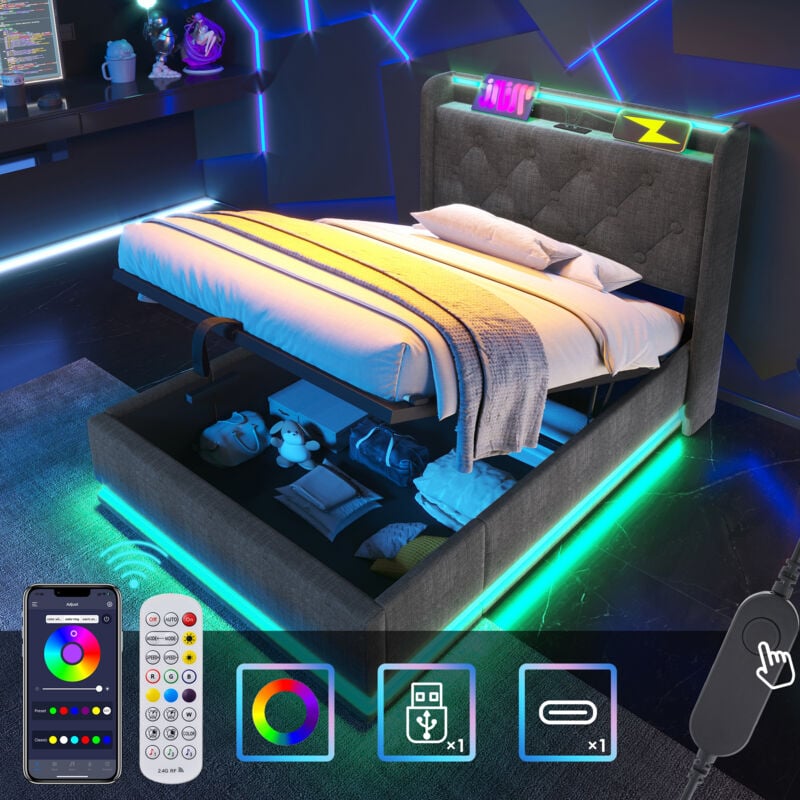 Redom - Lit simple rembourré, fonction led 360 Surround, bouton poussoir/application/télécommande, 90 x 200 cm, tissu en lin gris, lit coffre