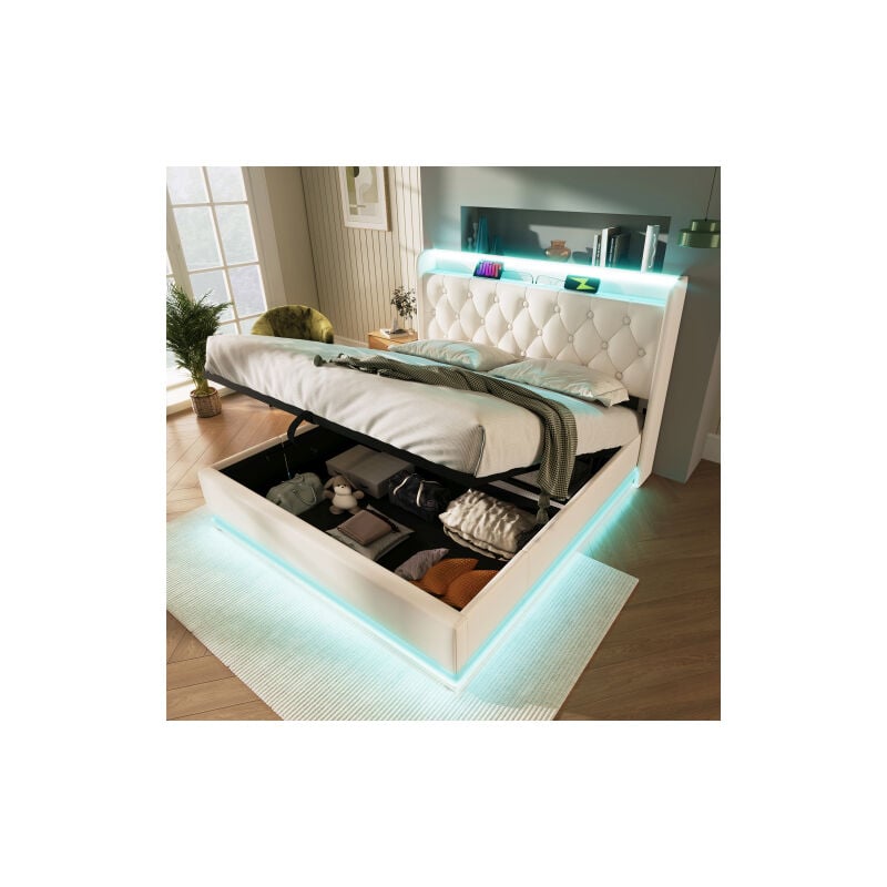Okwish - Lit coffre 160x200 cm lit double rembourré, lit adulte avec éclairage led, chargement usb et rangement hydaraulique, en pu, blanc, sans