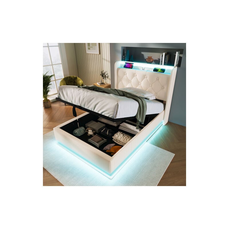 Okwish - Lit coffre 90x200 cm lit simple rembourré, lit adulte avec éclairage led, chargement usb et rangement hydaraulique, en pu, blanc, sans