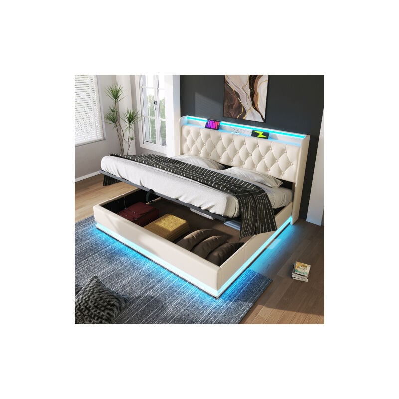 Okwish - Lit coffre 180x200 cm lit double rembourré, lit adulte avec éclairage led, chargement usb et rangement hydaraulique, en pu, beige, sans