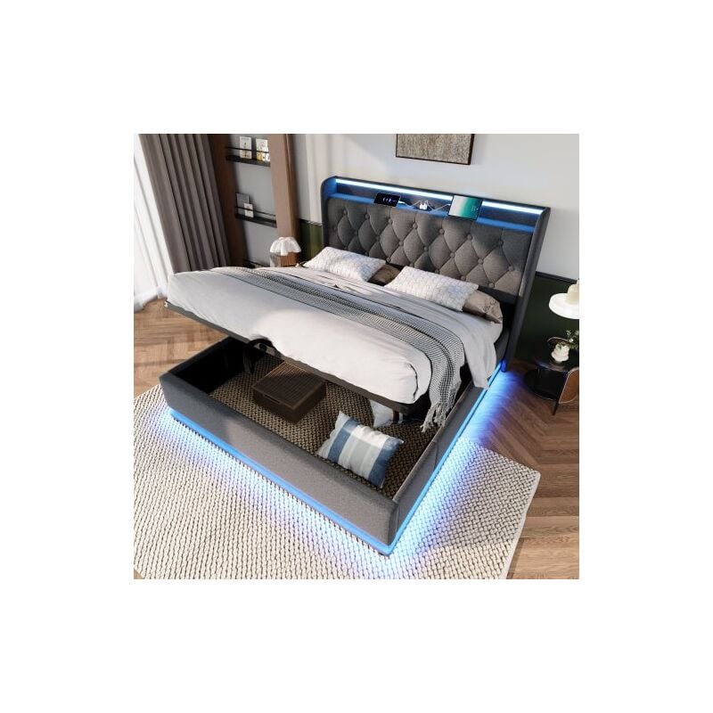 Okwish - Lit coffre 160x200 cm lit double rembourré, lit adulte avec éclairage led, chargement usb et rangement hydaraulique, tissu en lin, gris,