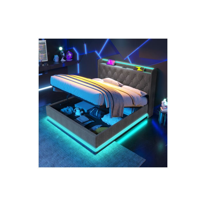Okwish - Lit coffre 180x200 cm lit double rembourré, lit adulte avec éclairage led, chargement usb et rangement hydaraulique, tissu en lin, gris,