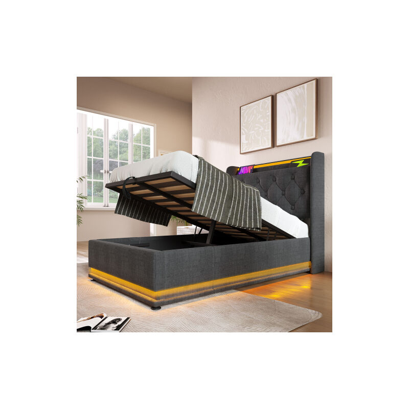 Okwish - Lit coffre 90x200 cm lit simple rembourré, lit adulte avec éclairage led, chargement usb et rangement hydaraulique, en lin, gris, sans