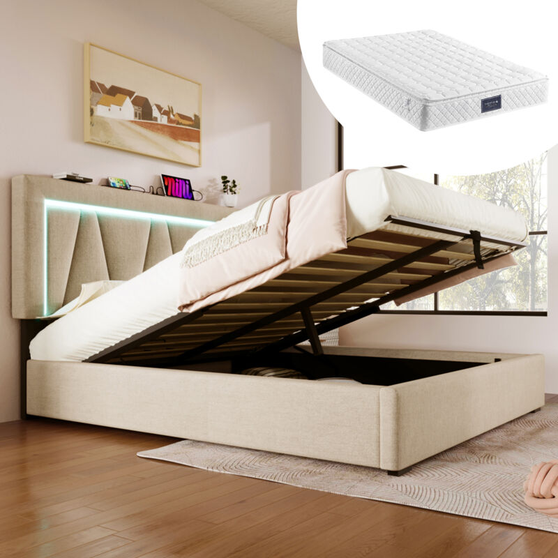 Okwish - Lit cofre 140x200 cm, lit double rembourré avec éclairage led, chargement usb et sommiers à lattes, en lin beige, matelas inclus