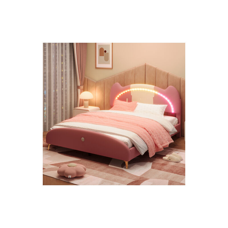 Lit rembourré, lit double, lit bébé, lit bébé avec lattes en bois, cadre en bois massif et tube de fer, rayures LED,140x200cm