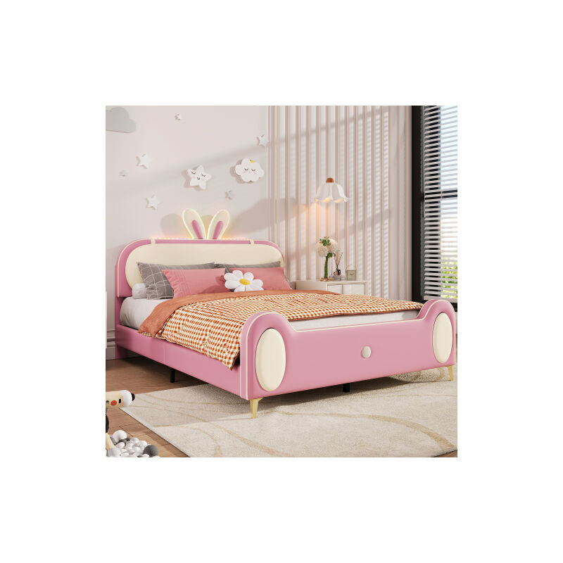 Lit rembourré, lit double, lit bébé,lit bébé avec lattes en bois, rayures LED, avec cadre en bois massif et tube de fer,140x200cm